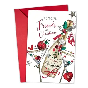 Bellissimo biglietto d'auguri natalizio con illustrazioni di champagne e cocktail.