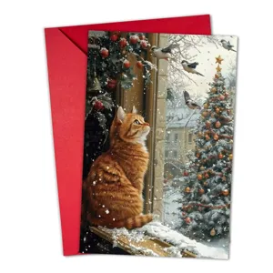 Vista dettagliata del bellissimo biglietto natalizio con un gatto e un albero innevato.