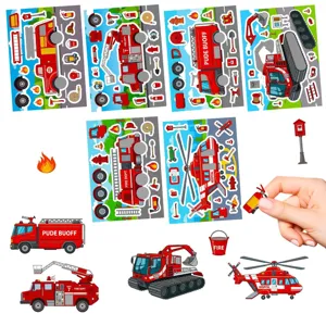 Kinderen cartoon brandweerauto DIY sticker set, 6 vel reddingsvoertuig puzzel speelgoed.