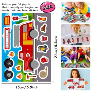 Kinderen brandweerwagen DIY sticker set, cartoon voertuig gezicht puzzel speelgoed.