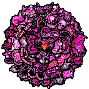 Stickers gothiques rose et noir coeur, 50 pcs autocollants étanches pour coque journal tasse.