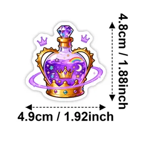 Magical potion bottle sticker with crown and crystal design, waterproof vinyl sticker, 4.8x4.9cm.