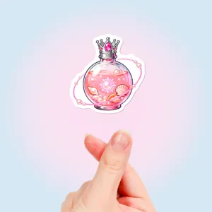 Close-up detail shot of the cute fantasy magic potion bottle sticker featuring crown and pearls.