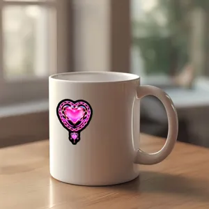 Vue détaillée d'une tasse à café en céramique blanche avec un design gothique cœur rose.