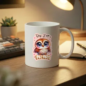 Tazza da caffè in ceramica bianca con simpatico gufo cartone animato e citazione.