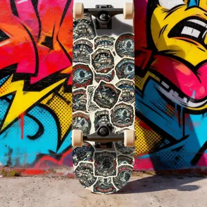 Vintage nautical sticker decorated skateboard featuring cool sailor tattoo style waterproof designs.