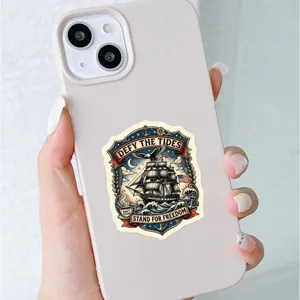 Retro nautical sailboat sticker for phone case, waterproof vinyl decal with vintage tattoo design.