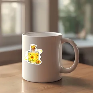 White ceramic coffee mug featuring a cute magical potion bottle sunflower sticker for daily drinks.