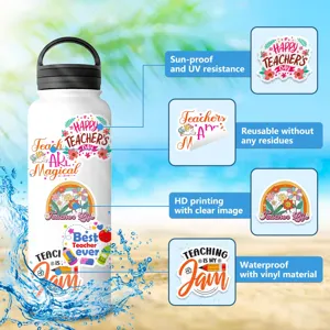 Detail view of teacher theme waterproof vinyl stickers featuring cute designs and quotes.