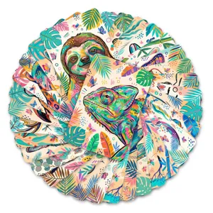 Vibrant animal illustration cards set featuring tropical forest designs with sloths and chameleons.