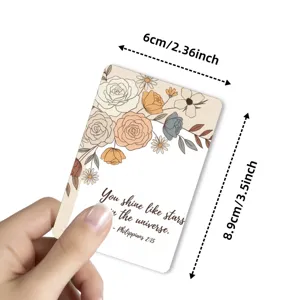 Floral affirmation card detail showcasing botanical design, inspirational quote and card dimensions.