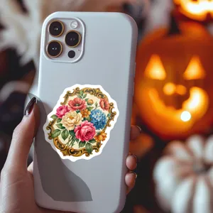 Gros plan d'un autocollant de cadre floral vintage européen sur une coque de téléphone.