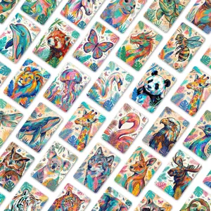 Detailed view of colorful animal illustration cards, vibrant jungle art prints for decor.