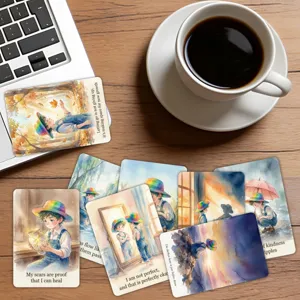 Watercolor inspirational quote cards for kids, motivational self-care oracle card deck set.