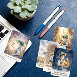 Detail shot of watercolor inspirational affirmation cards flat lay with stationery and green plant.