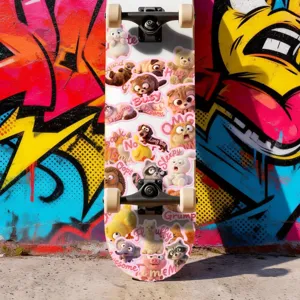 Close-up detail shot of 3D plush cute animal stickers displayed on a trendy skateboard.