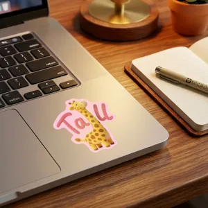 Detailed view of cute 3D plush giraffe sticker applied on laptop surface for decoration.