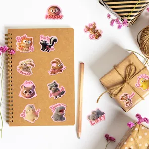 Close up details of cute 3D fuzzy plush animal stickers with funny English texts for journaling.