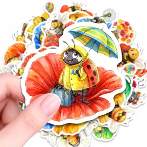 Watercolor bee ladybug cartoon sticker detail showing cute waterproof illustration style.