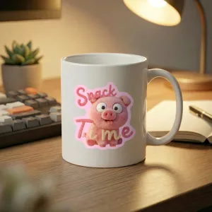 White ceramic coffee mug with cute fuzzy 3D pig graphic on desk setup.