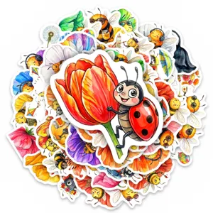 Cute bee sticker set 50pcs watercolor ladybug flower cartoon illustration for journal decor.