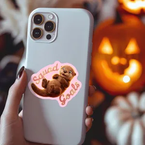3D plush cute otter sticker detail view featuring soft fuzzy texture and fun slogan design.