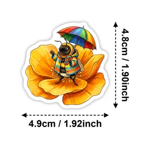Cute watercolor bee sticker with rainbow umbrella and raincoat, 4.8x4.9cm for journaling