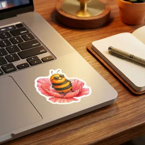 Cute watercolor bee sticker on laptop, waterproof cartoon sticker for student journal decor.