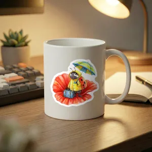 Detail shot of white ceramic coffee mug on wooden desk with cute ladybug cartoon illustration.