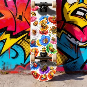 Closeup view of skateboard decorated with cute watercolor cartoon bee and ladybug stickers.