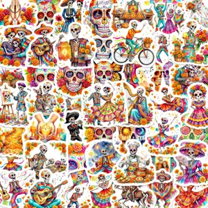 Mexican Day Of The Dead Skeleton Stickers Waterproof Colorful Floral Skull Decals For Water Bottle Laptop Scrapbooking Printed Decor