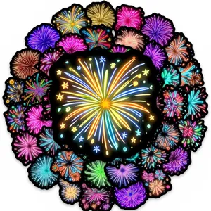 Detailed close-up of colorful neon fireworks stickers pack featuring brilliant glowing star designs.
