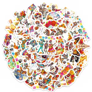 50pcs Mexican Day of the Dead skull stickers, colorful floral waterproof decals for journal.
