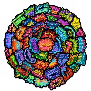 Vista dettagliata di 50 adesivi con fumetti in stile neon per diari e quaderni.