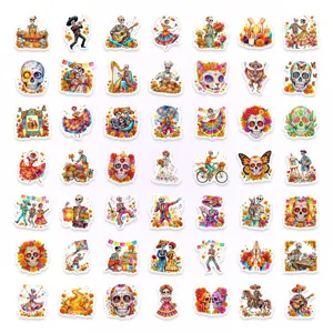 Detailed view of colorful Day of the Dead skull waterproof stickers set for journaling.