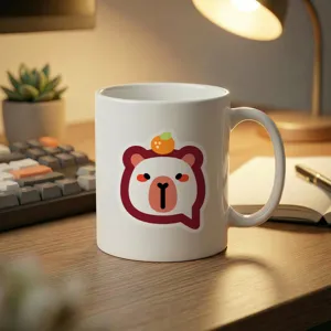Close-up detail of a white ceramic mug with cute bear sticker on wooden desk setup.