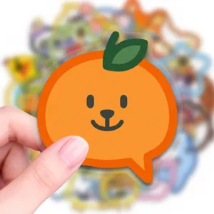 Transparent PET sticker detail shot featuring cute orange speech bubble design with vibrant colors.
