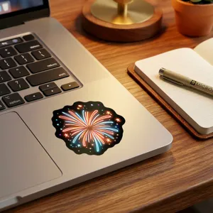 Close-up of a colorful neon fireworks sticker on a laptop, perfect for tech decoration.