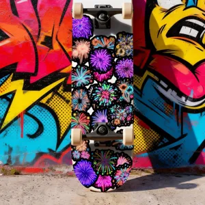 Neon firework skateboard detail shot showing vibrant colorful sticker patterns on deck.