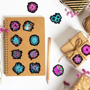 Colorful neon firework stickers detail view, waterproof decal pack for laptop and luggage.