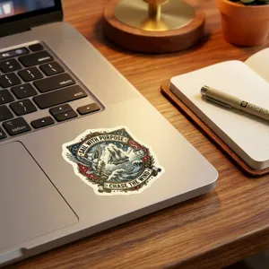 Detail view of American vintage nautical sticker on laptop desk scene decor display.