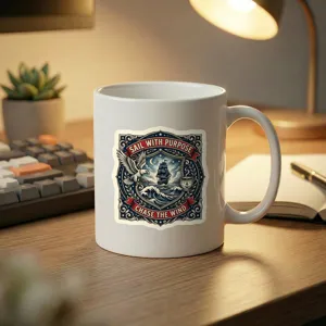 White ceramic coffee mug with vintage nautical sailing sticker design for office desk decor.