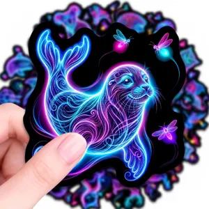 Dettaglio adesivo impermeabile foca neon, design animale blu luminoso per bricolage.