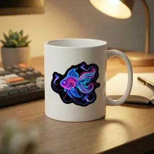 Tazza da caffè in ceramica bianca con un design di pesce neon su una bella scrivania.