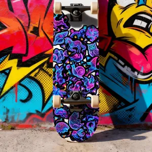 Vista dettagliata dello skateboard con grafica adesiva di animali neon blu e viola.
