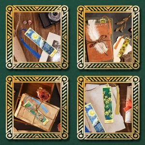 Detailed view of vintage metal bookmarks featuring classic oil painting designs with tassels.