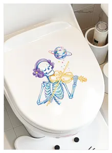 Halloween skeleton violin toilet seat sticker waterproof bathroom decorative decal 1pc