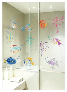 Oceanische vis vensterglas sticker voor badkamer schuifdeur, kleurrijke elektrostatische folie.