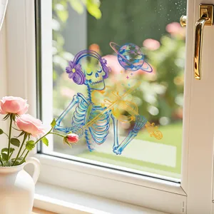 Halloween Artistic Skeleton Playing Violin Window Sticker Static Cling Decal For Mirror Glass Bathroom Decor