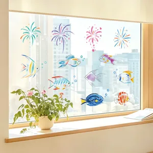 Kleurrijke zeedivis en vuurwerk raamstickers, statische glasstickers voor huisdecoratie.